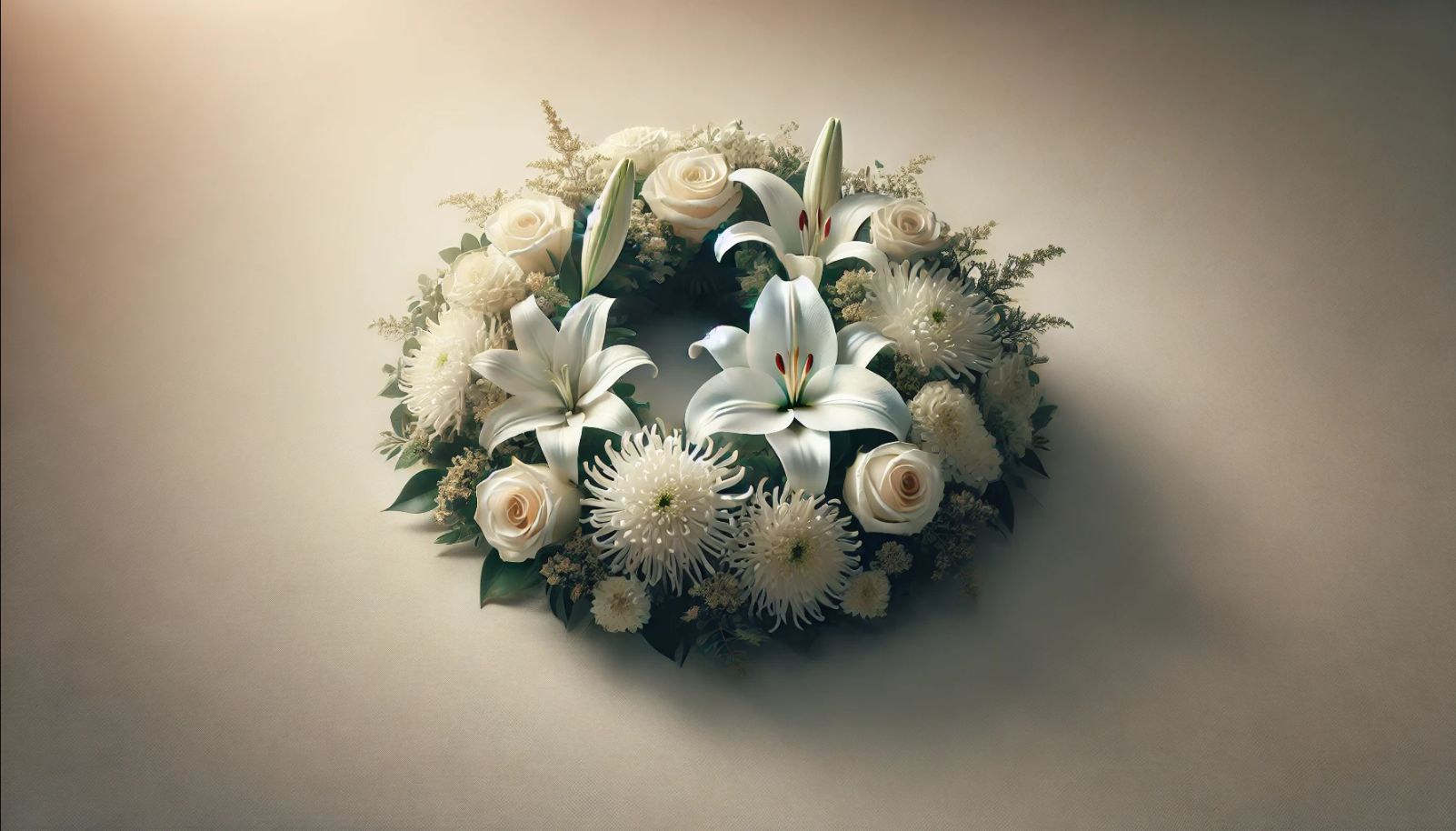Arrangement floral funéraire élégant avec des lys blancs, des roses, et des chrysanthèmes disposés en cercle sur un fond clair, symbolisant l'éternité et la sérénité.